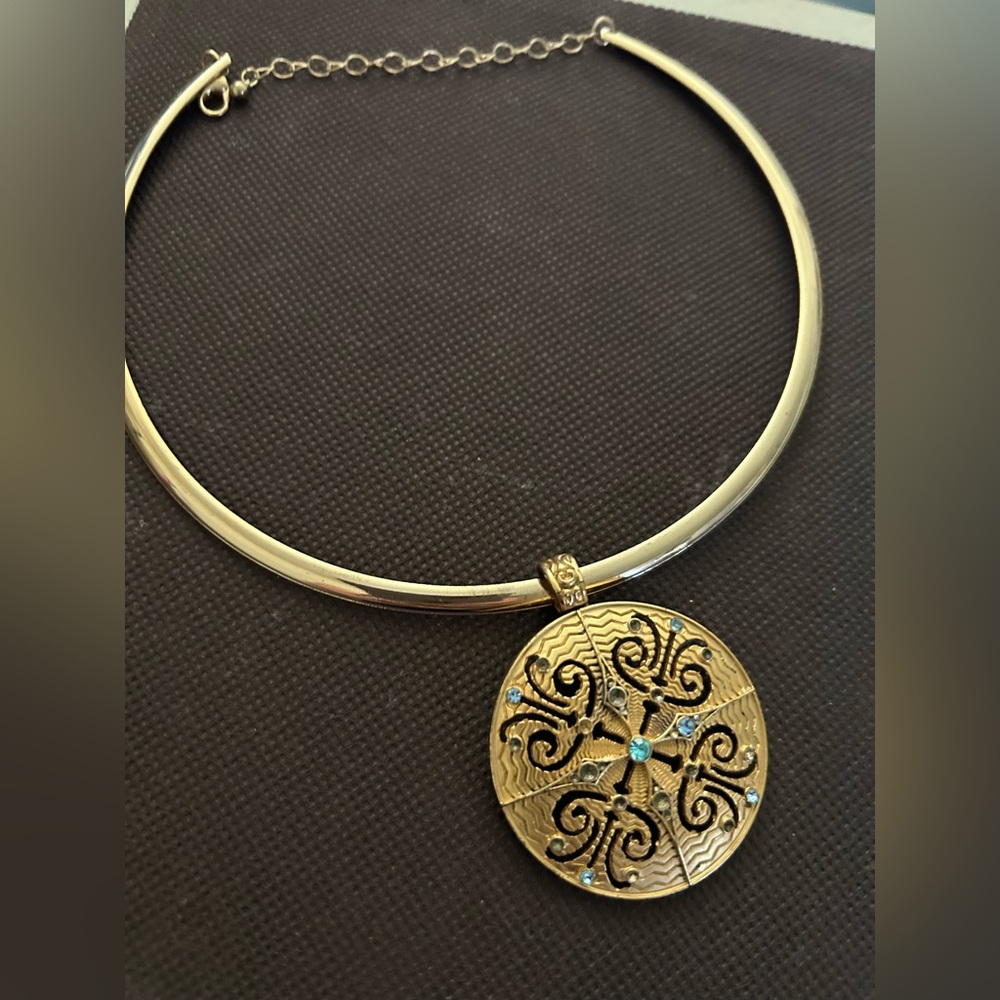 Gold Pendant Necklace with Blue Accents